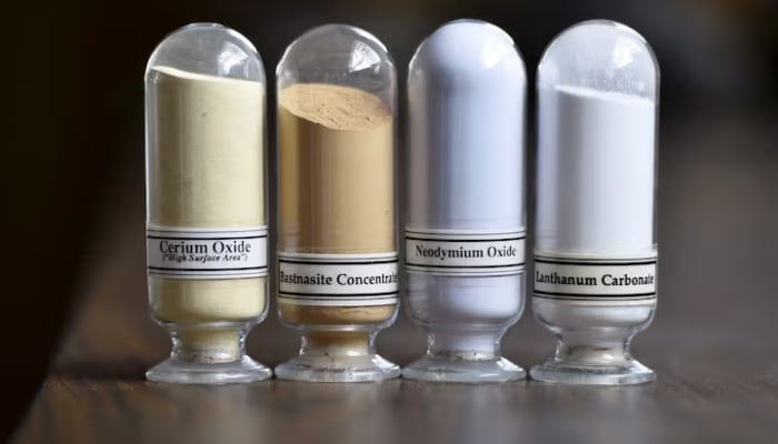 Samples of rare earth minerals from left to right, Cerium oxide, Bastnasite, Neodymium oxide and Lanthanum carbonate are on display during a tour of Molycorps Mountain Pass Rare Earth facility in Mountain Pass, California, on June 29, 2015. — Reuters