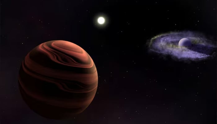 An artists rendition of the sun-like star YSES-1 in the center, with the planet YSES-1 b and its dusty circumplanetary disk (right) and the planet YSES-1 c with silicate clouds in its atmosphere (left), is seen in this handout image obtained by Reuters on June 11, 2025. — Reuters