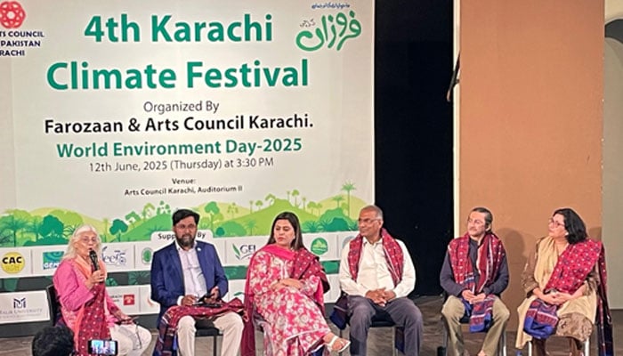 From left to right, panel includes: Afia Salam [moderator], Muhammad Toheed, Mahapara Khan, Saeed Baloch, Yasir Hussain and Munazza Siddiqui in the fourth Karachi Climate Festival, June 12, 2025 — Reporter