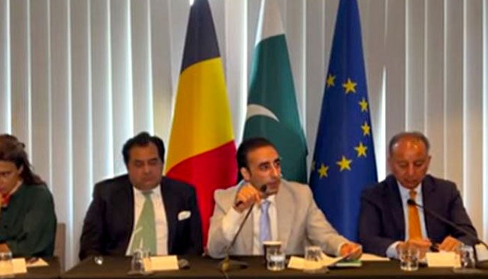 Bilawal Bhutto-Zardari briefing European think tanks in Brussels on regional developments. — YouTube/PTVNews/screengrab