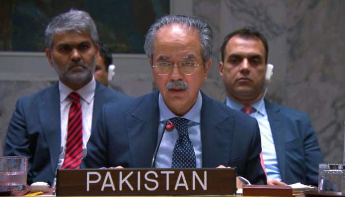 Ambassador Asim Iftikhar Ahmad, permanent representative of Pakistan to the UN, speaking at the UN Security Council on June 13, 2025. — X@PakistanUN_NY