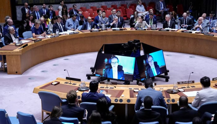IAEA Director General Rafael Grossi seen on screen addresses delegates during a meeting of the United Nations Security Council, following Israel’s attack on Iran, at UN headquarters in New York City, US on June 13, 2025. — Reuters