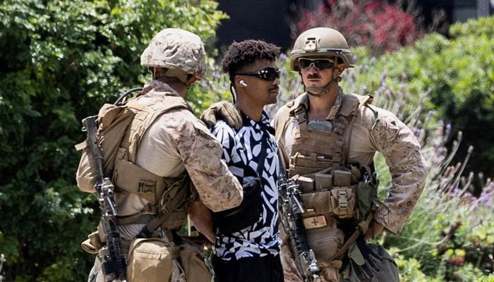 US Marines detain Marcos Leao, a 27 year-old veteran, outside the Wilshire Federal Building after Marines were deployed to Los Angeles, as protests against federal immigration sweeps continue, in Los Angeles, California, US June 13, 2025. — Reuters